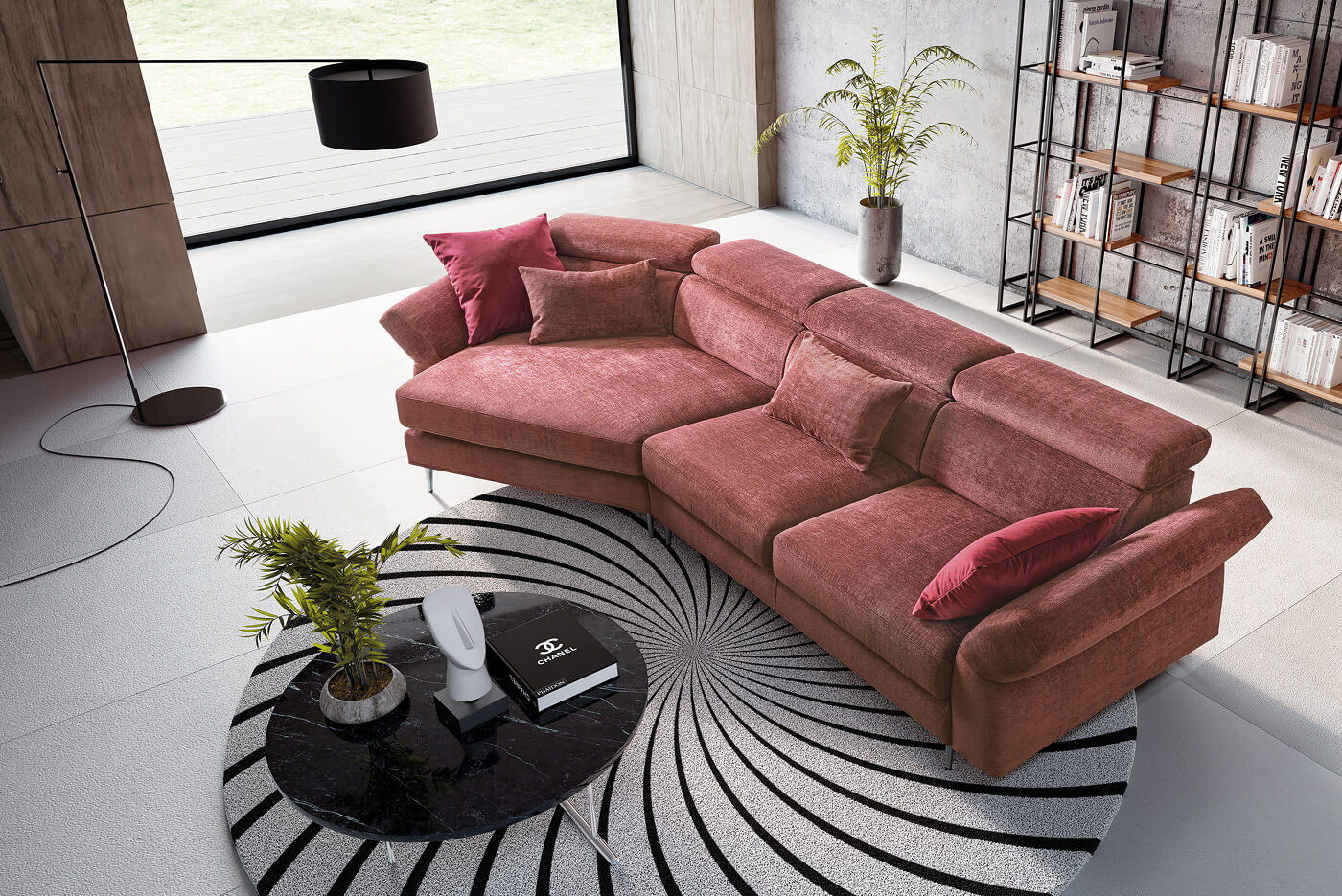 Divano con seduta angolare asimmetrica in tessuto rosso
