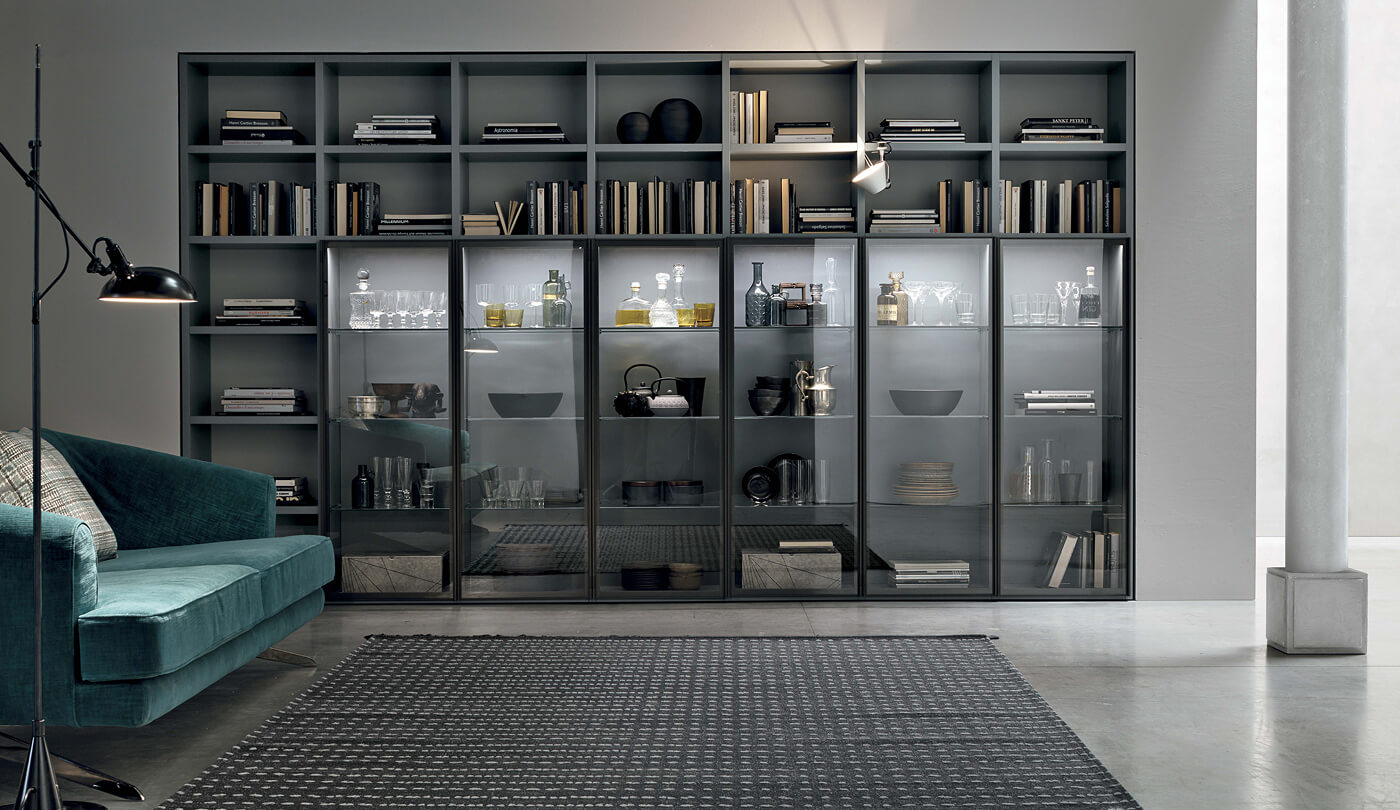 Libreria moderna con vetrina dotata di ante in vetro fumé