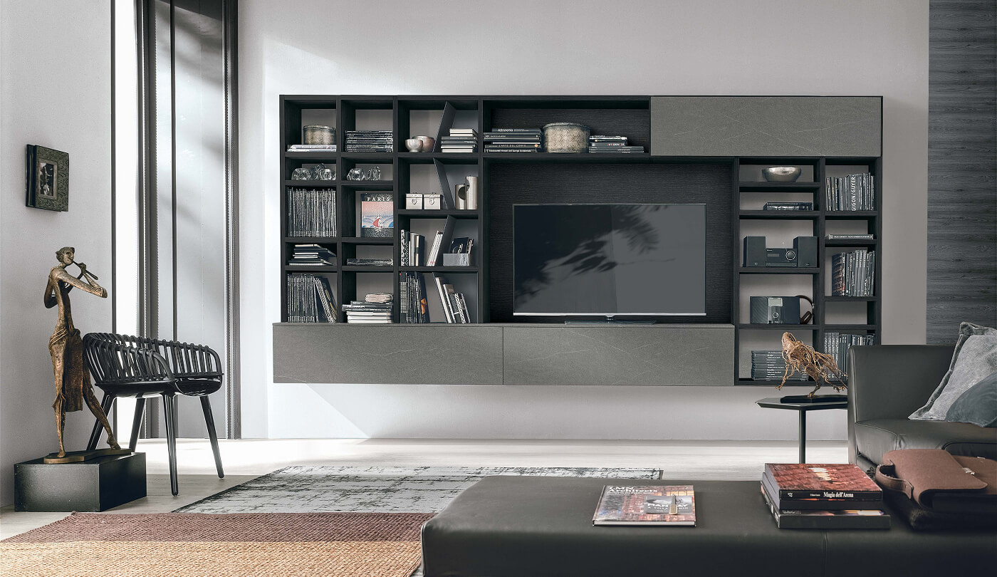 Composizione mobile TV sospeso nei colori nero e grigio