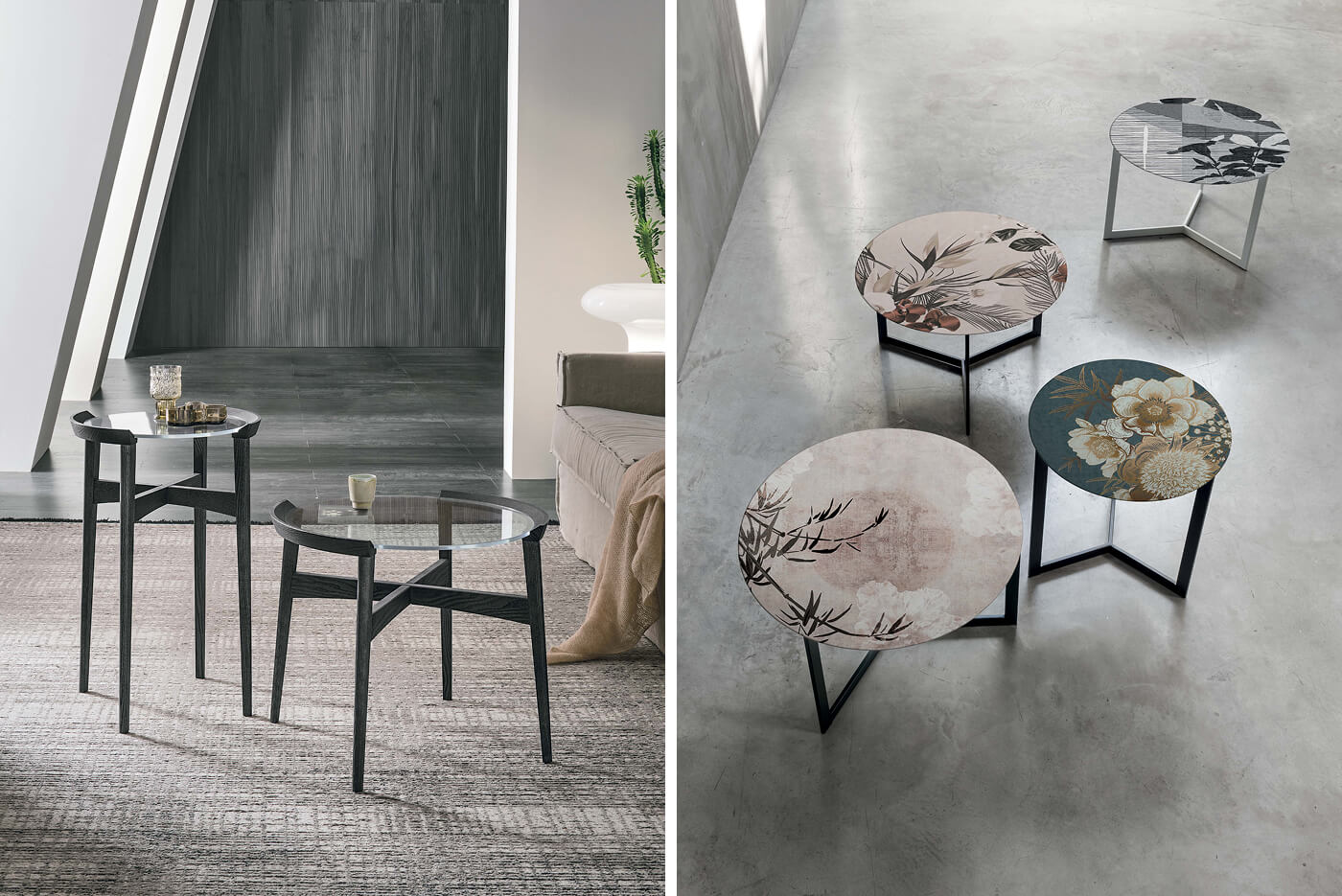 Tavolini da caffè rotondi in due versioni: gambe in legno nero con piano in vetro trasparente o gambe in metallo nero con piano decorato a stampa floreale