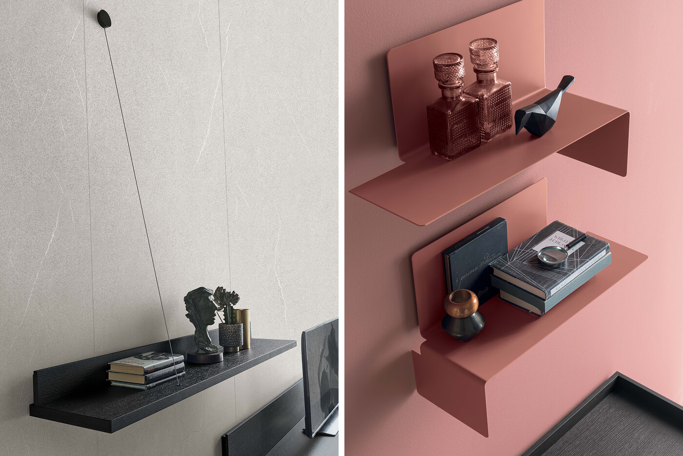 Due tipi di mensole decorative: mensola in legno nero e mensola in metallo rosa antico, design moderno